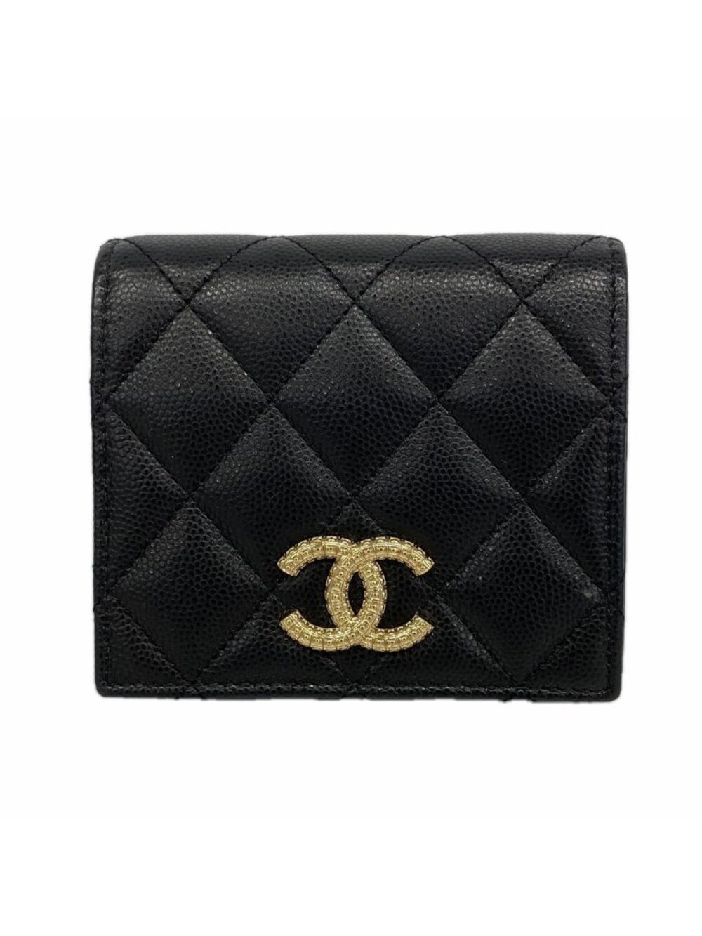 Chanel Wallet Quilted Caviar Leather Black Champagne Gold